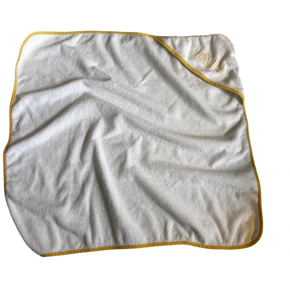 Rae Dunn Sunshine Hooded Baby Towel White Yellow Trim Terry Cloth Embroidery